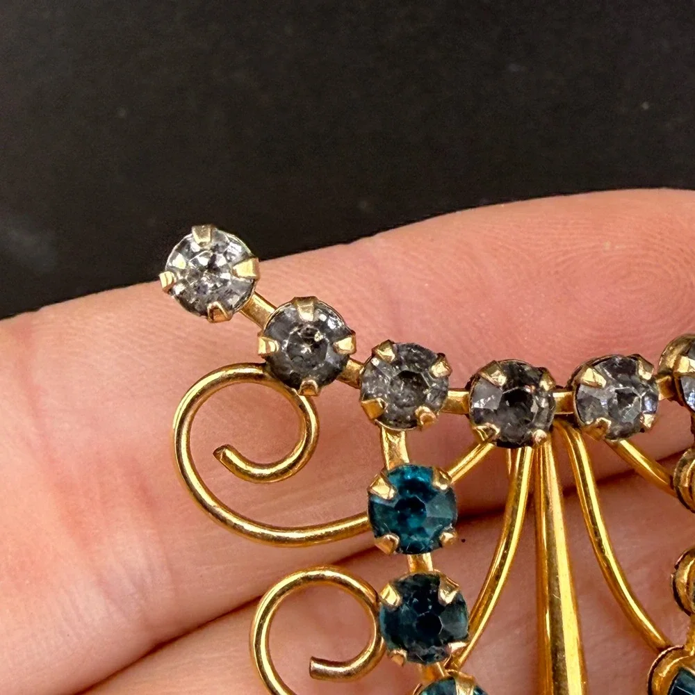 Vintage AMCO Brooch Gold Blue Rhinestone Gold Filled Mid Century Fan